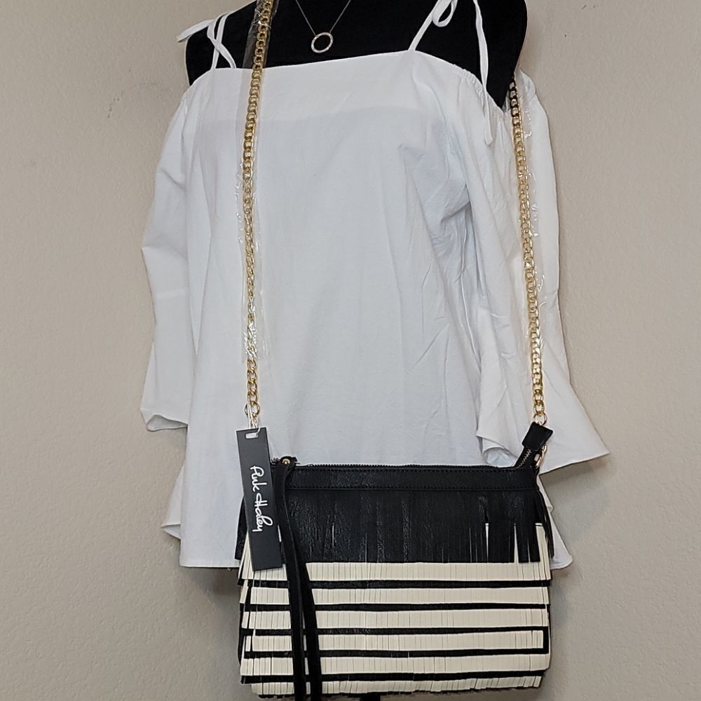 Black/Tan Fringe Vegan Leathe Clutch/Crossbody Bag - Picture 4 of 15